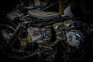 Detail of a custom Shovelhead motorcycle in the School of Cool archive