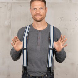 Bretelles larges bleues rayures marine et blanc, tenue workwear années 30