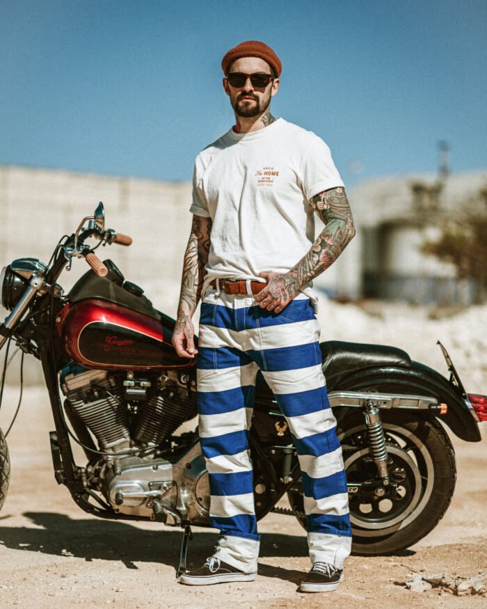 Pantalon bagnard rayé bleu Denim 14oz Folsom Prison pantalon-prisonnier-bleu-hold-fast