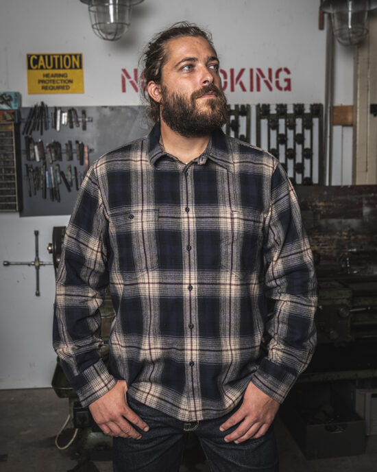 1937-roamer-shirt-blue-beige-check-flannel-3 1937 Roamer Shirt Blue Beige Check Flannel - Vue 3