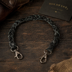 Chaine portefeuille cuir tresse noir 50 cm - laniere biker mousqueton - school of cool