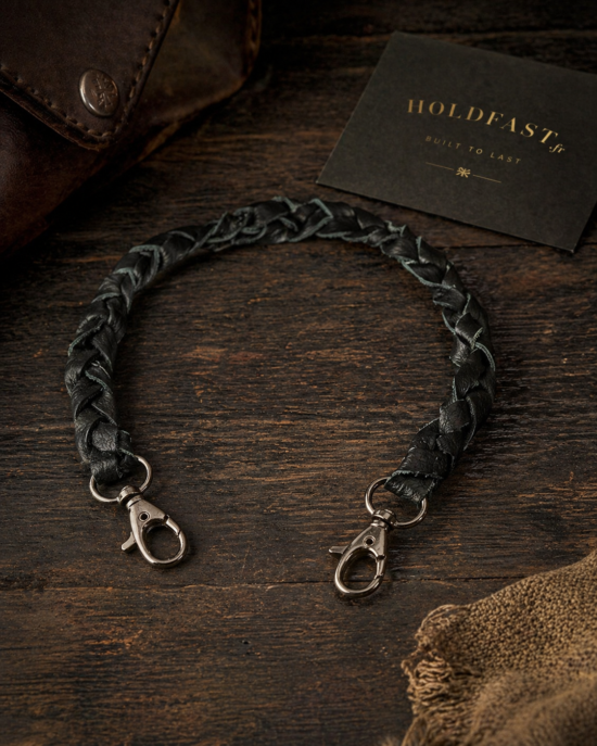 Chaine portefeuille cuir tresse noir 50 cm - laniere biker mousqueton - school of cool