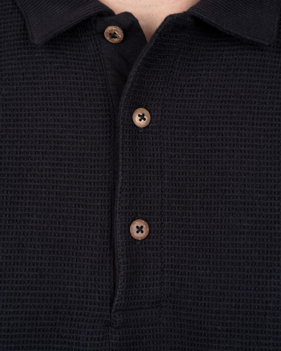 Pike Brothers 1963 Royal Polo Black pique cotton weave Pike Brothers 1963 Royal Polo Black pique cotton fabric macro