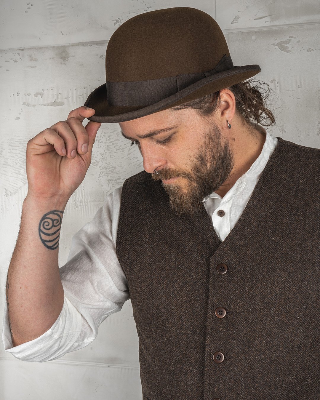 Bowler Hat Brown Pike Brothers — vintage hat, worn in context