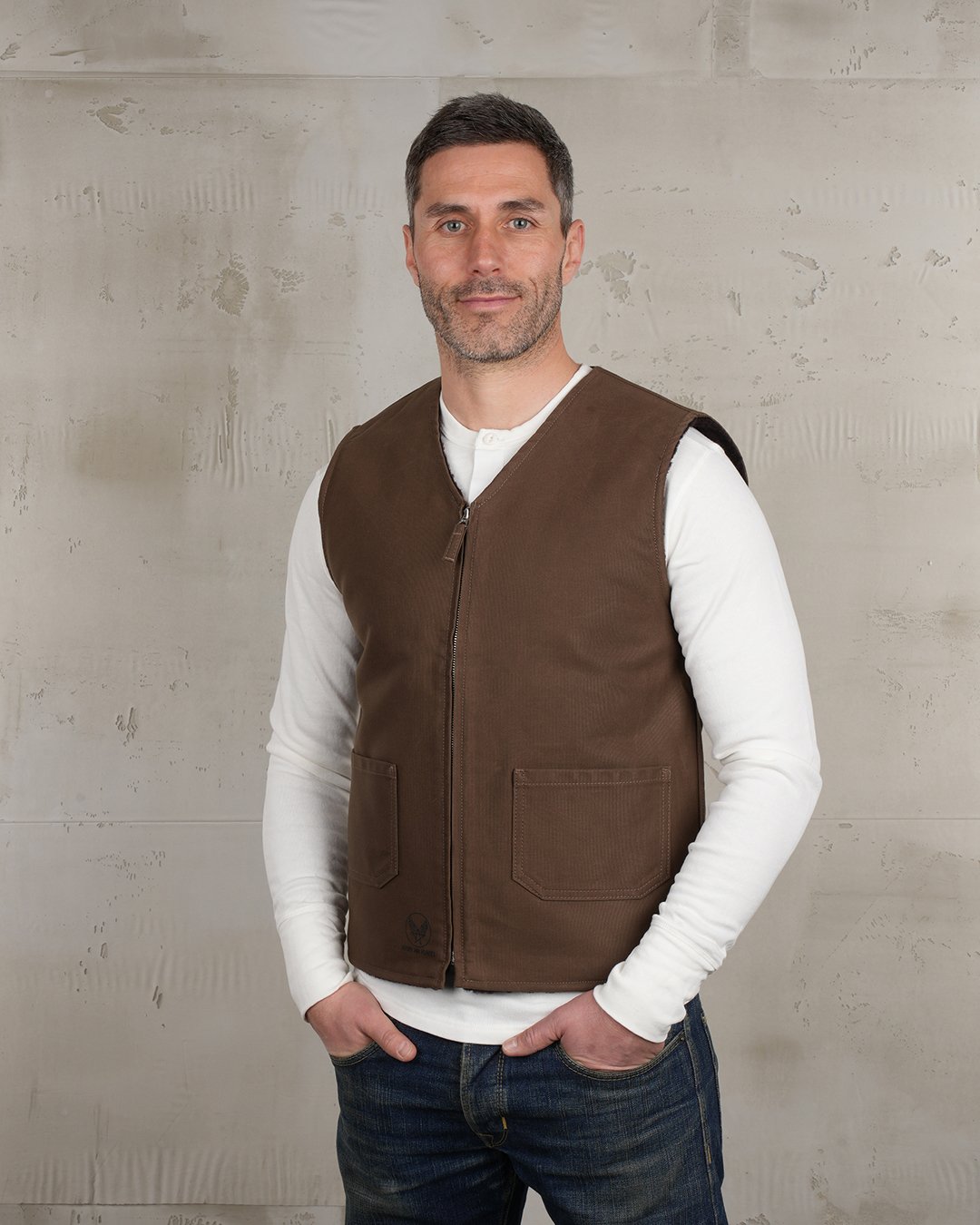 C2 Vest Waxed Khaki Pike Brothers — vintage vest, front view