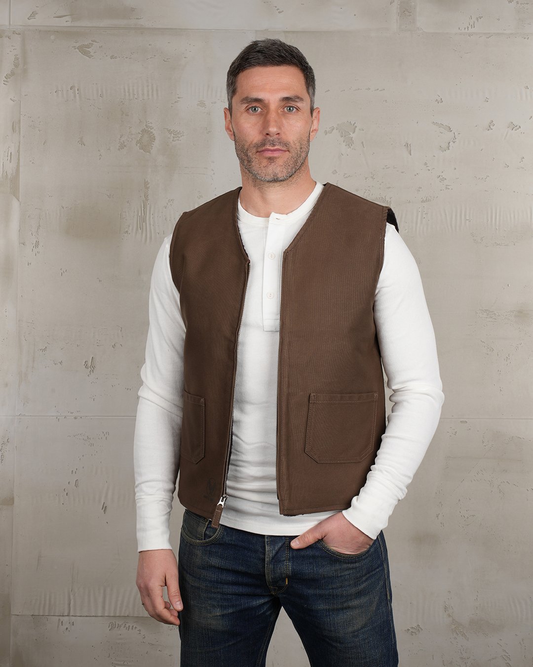 C2 Vest Waxed Khaki Pike Brothers — vintage vest, back view