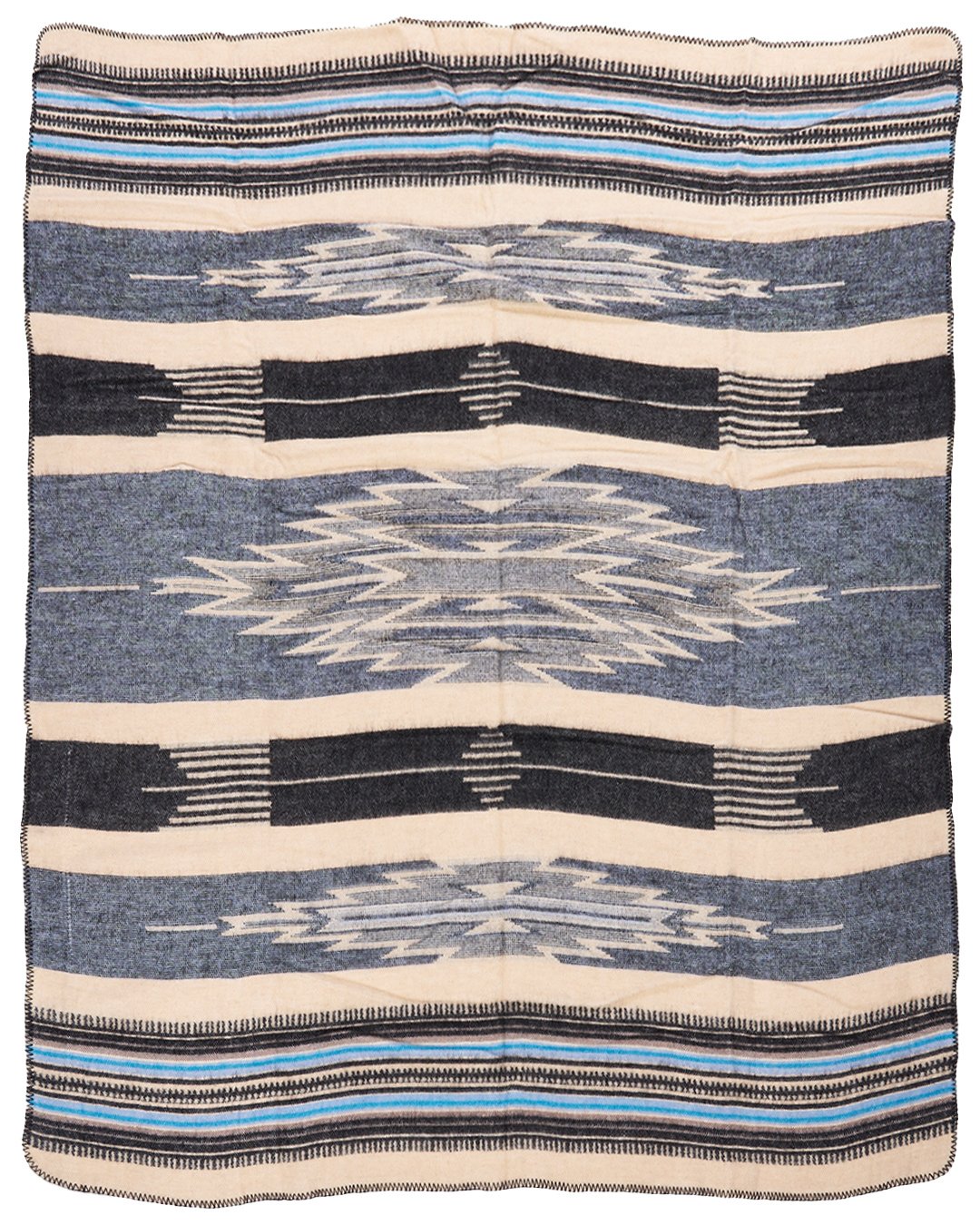 Chimayo Blanket Blue Pike Brothers — vintage blanket, three-quarter view