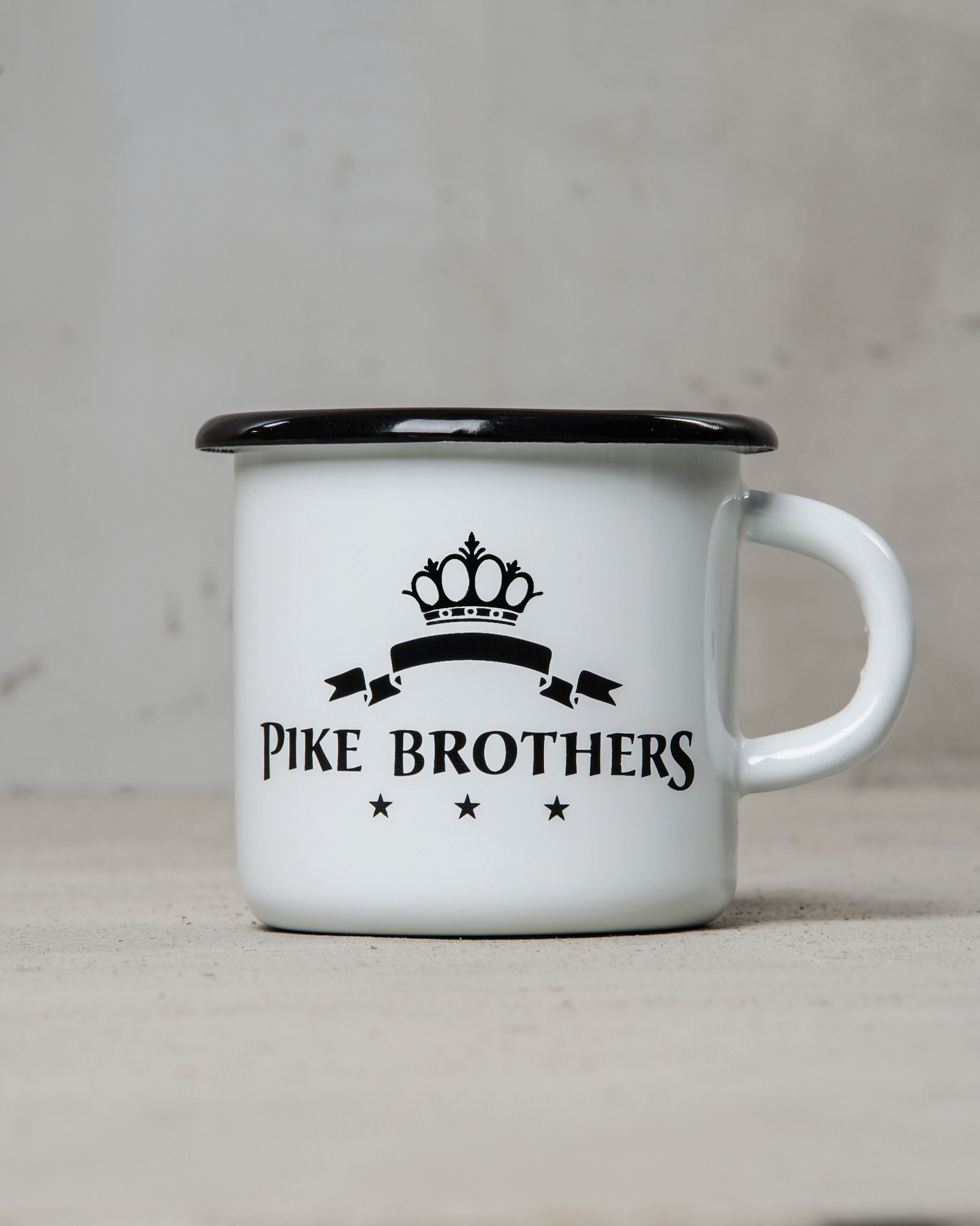 Enamel Mug White Pike Brothers — vintage enamel mug, front view