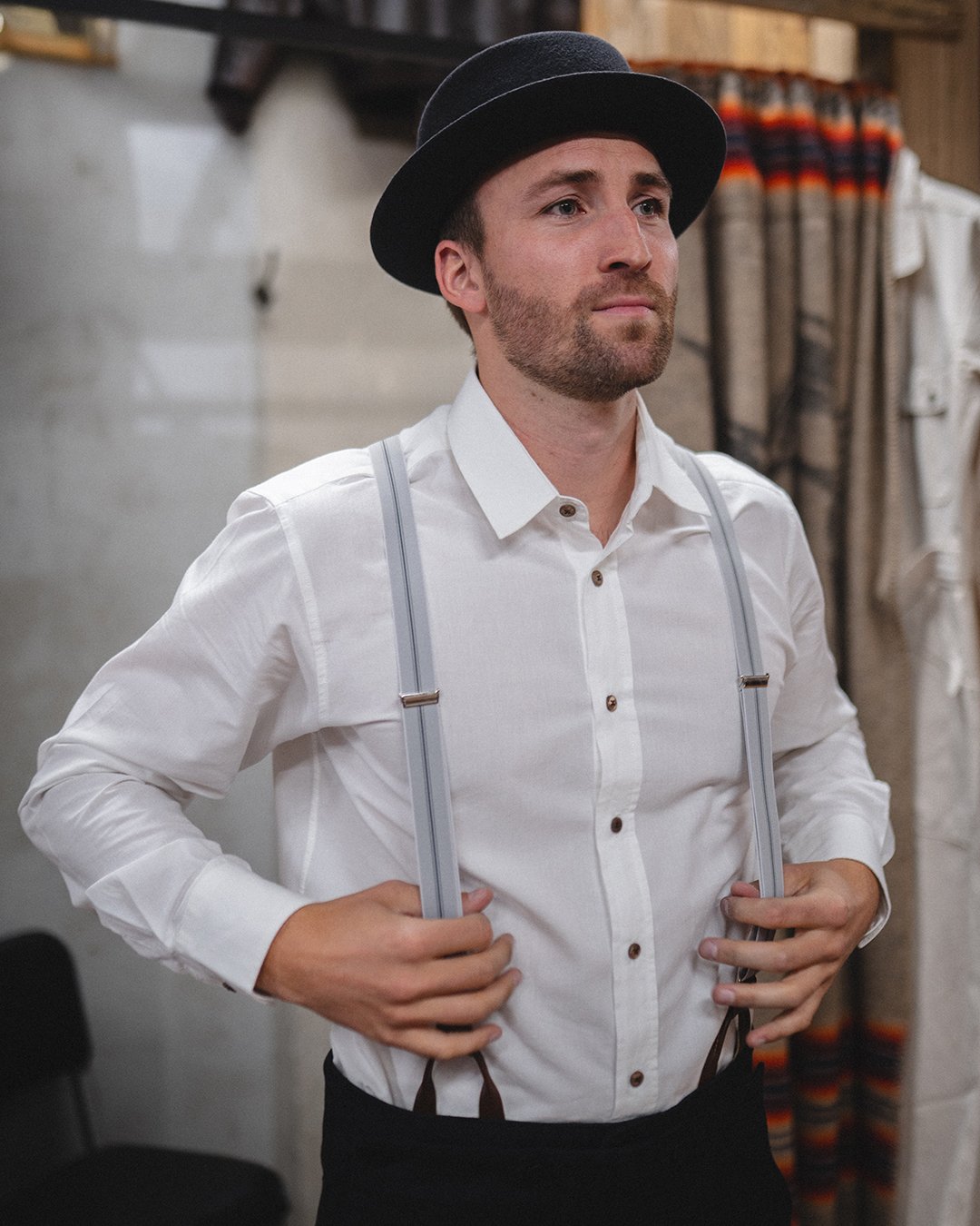 Hauler Braces Grey Pike Brothers — vintage braces, three-quarter view