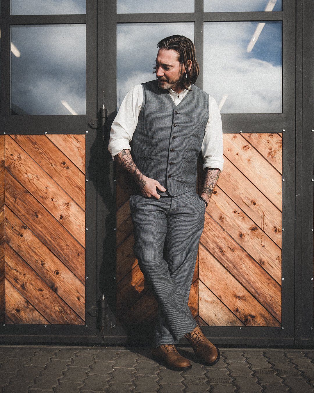 Hauler Vest Grey Striped Pike Brothers — vintage vest, pocket detail