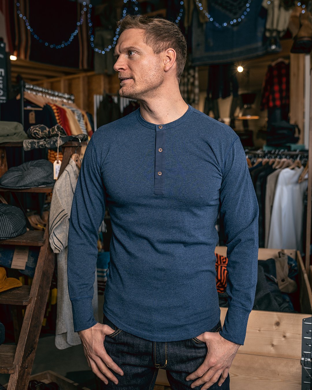 Henley Shirt Long Sleeve Pike Brothers — vintage shirt, front view