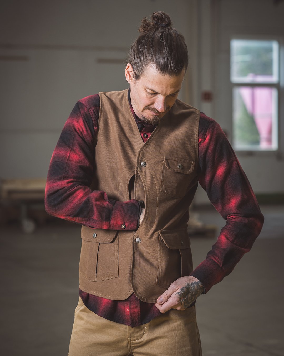 Hunting Vest Waxed Sand Pike Brothers — gilet vintage, vue de dos