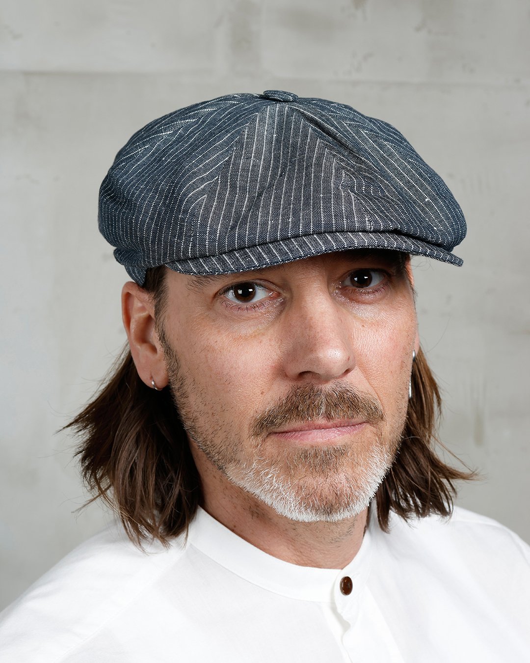 Newsboy Cap Grey Striped Pike Brothers — vintage cap, front view