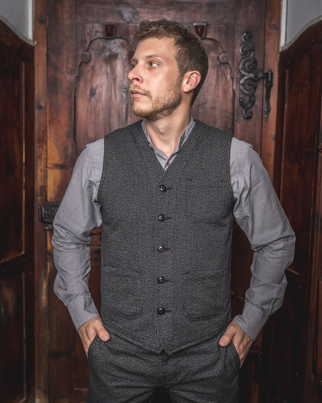 Roamer Vest French Asphalt Pike Brothers — vintage vest, front view