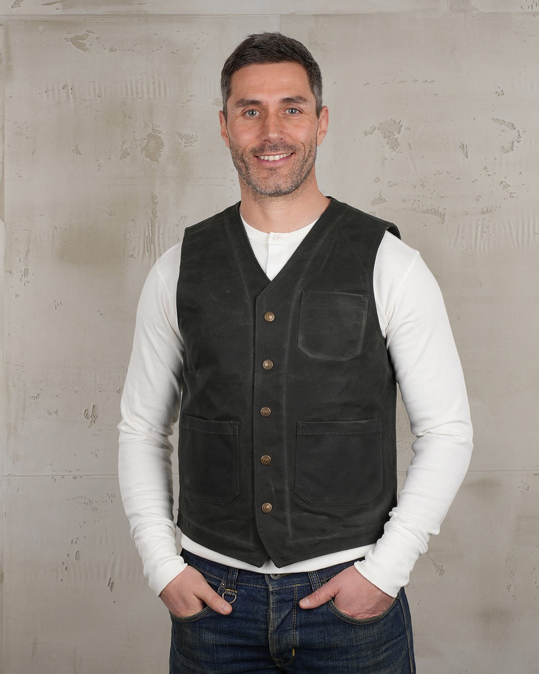 Roamer Vest Waxed Olive Pike Brothers — vintage vest, front view
