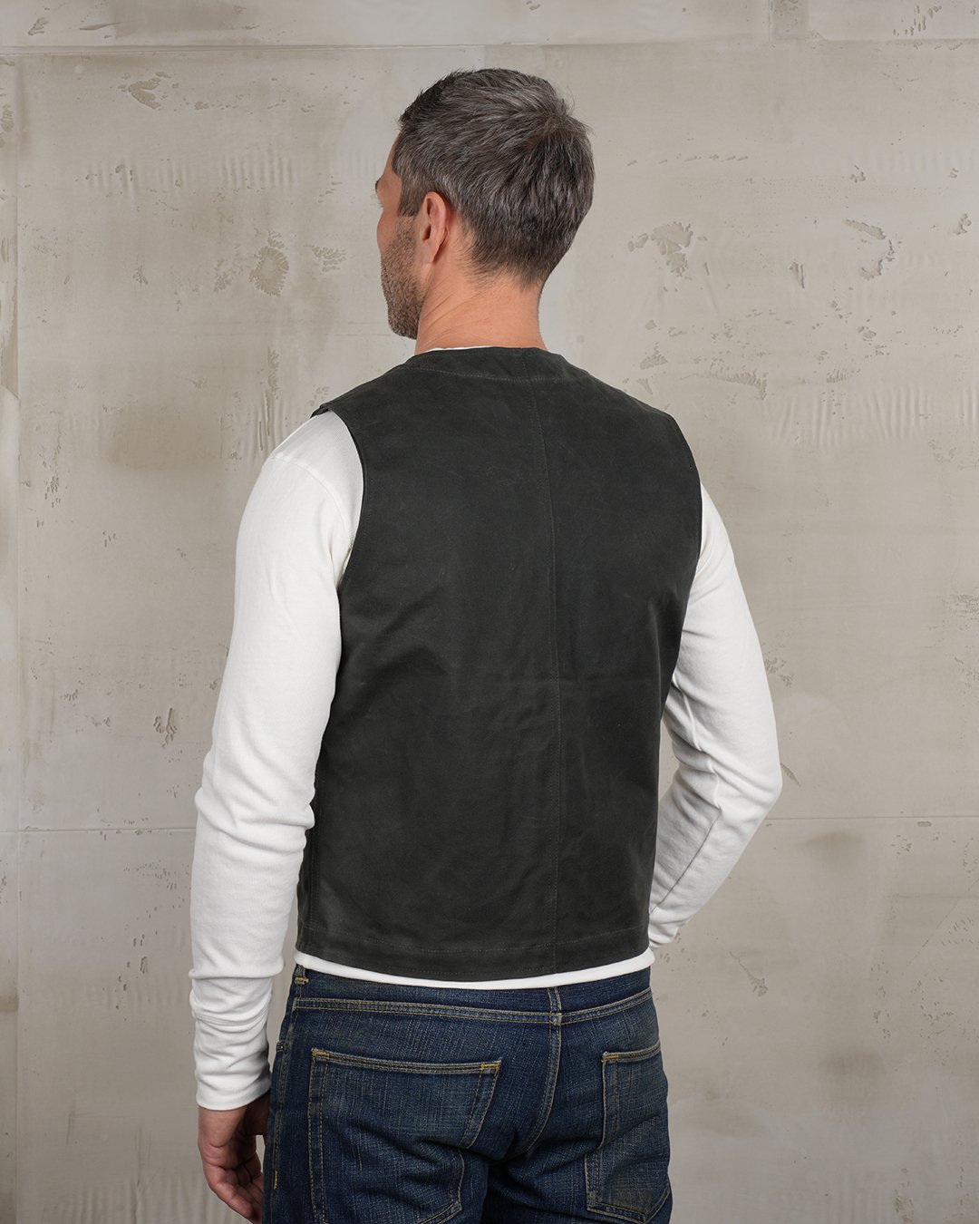 Roamer Vest Waxed Olive Pike Brothers — vintage vest, back view