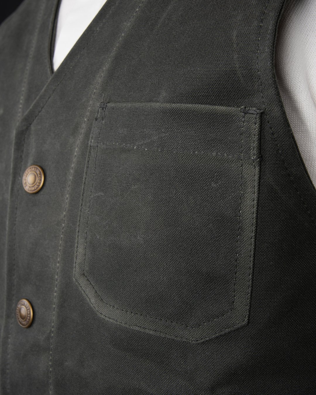 Roamer Vest Waxed Olive Pike Brothers — vintage vest, worn in context