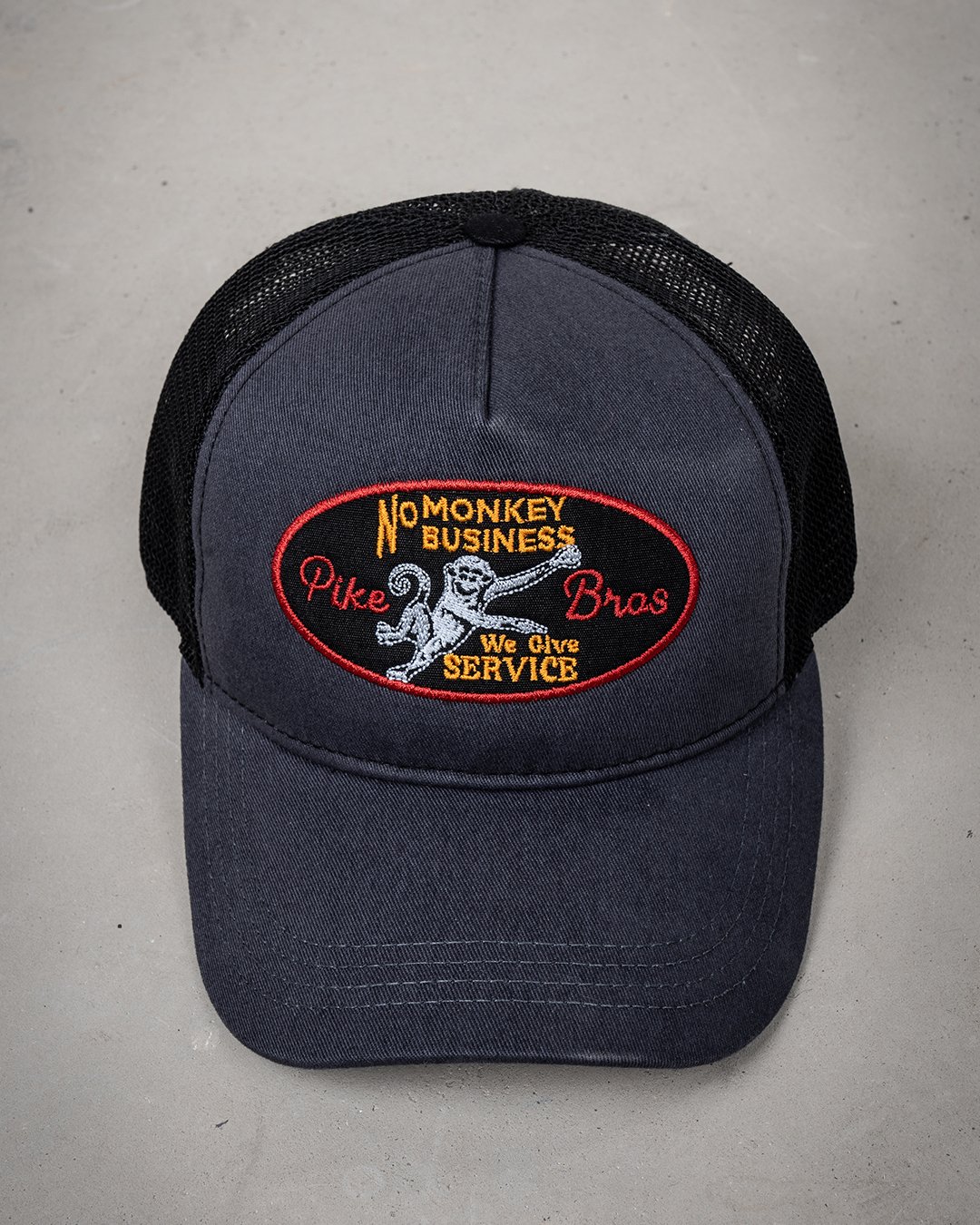 Trucker Cap No Monkey Pike Brothers — vintage cap, stitching detail