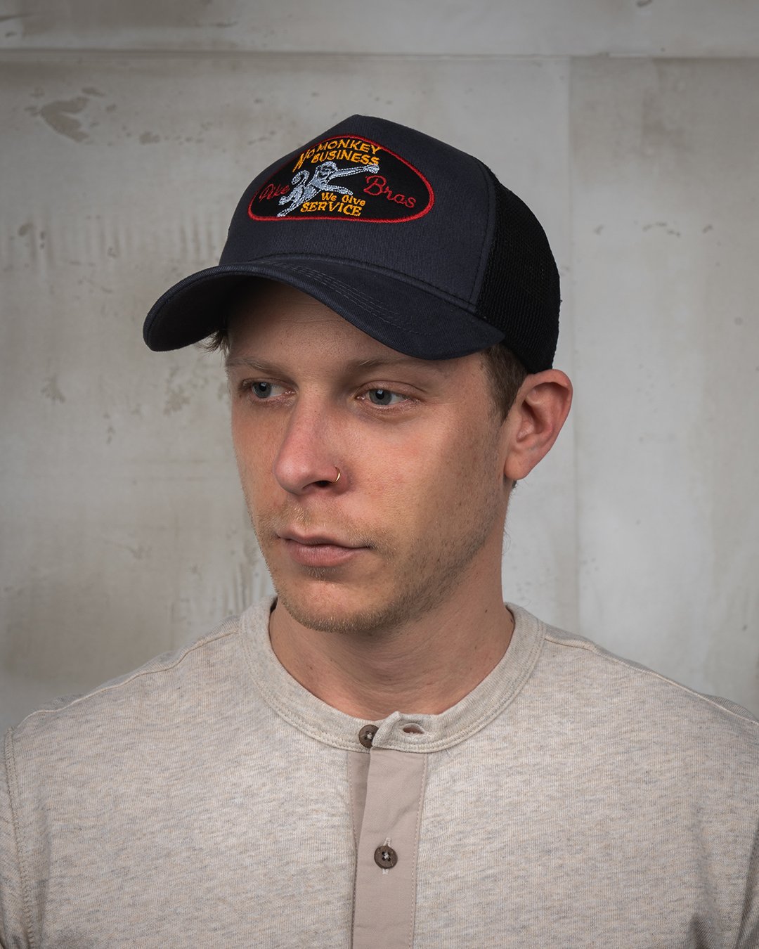 Trucker Cap No Monkey Pike Brothers — vintage cap, side view