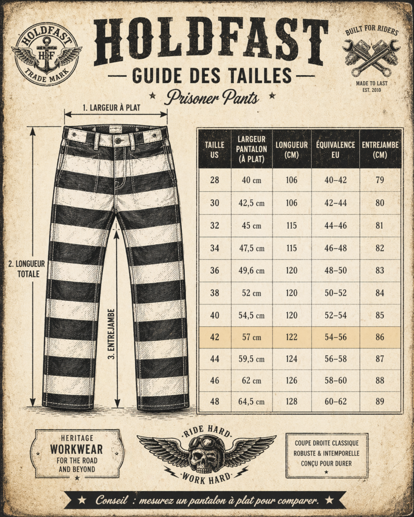 Guide des tailles des pantalons prisonnier et bagnard Hold Fast : correspondance US, EU, largeur à plat, longueur et entrejambe
