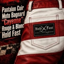 Pantalon cuir prisonnier Cayenne, dos Pantalon cuir prisonnier Cayenne vu de dos, étiquette Hold Fast sur la poche