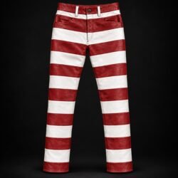 Pantalon cuir prisonnier « Cayenne » rayé rouge et blanc – Hold Fast Pantalon cuir prisonnier « Cayenne » rayé rouge et blanc Hold Fast, vue de face