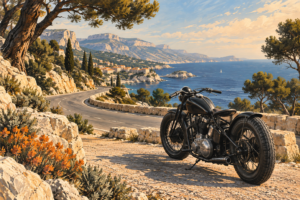 Illustration of a black bobber beside a road and a Mediterranean landscape in Provence