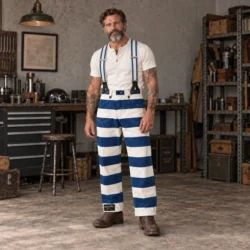 Pantalon rayé avec bretelles bleues porté par un motard barbu en atelier