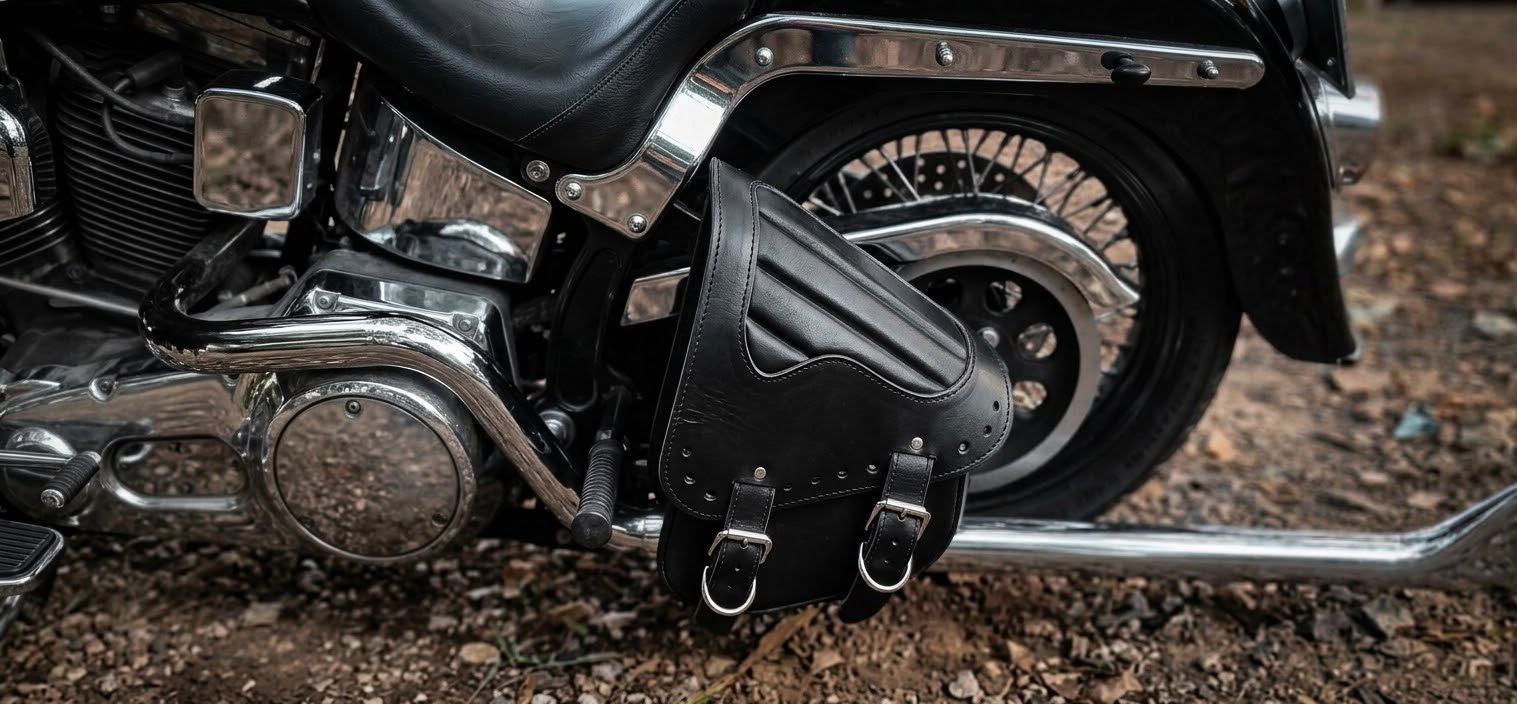 Sacoche Master Leather Deluxe montée côté droit sur Harley-Davidson Softail